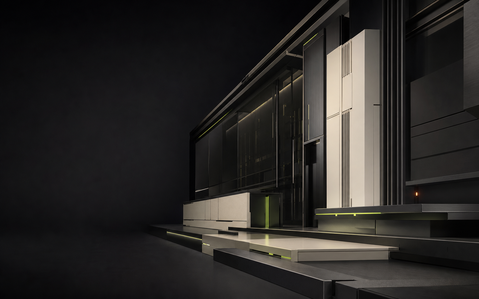 Architectural MarketingOS product installation in black metal, smoked glass and technical ivory modules